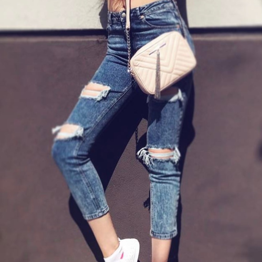 ASOS Denim Ripped Blue High Waisted Jeans - Picture 1 of 4